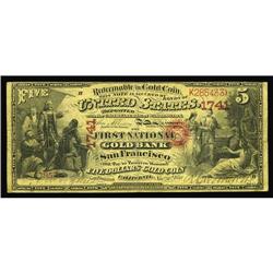San Francisco, CA - $5 Original National Gold Bank Note San Francisco, CA
