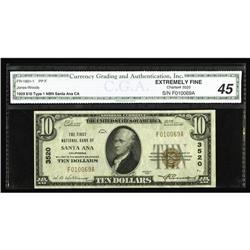 Santa Ana, CA - $10 1929 Ty. 1 The First NB Ch. # 3520 Santa Ana, CA