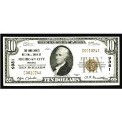 Michigan City, IN - $10 1929 Ty. 1 The Merchants NB Ch. Michigan City, IN