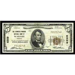 Wabash, IN - $5 1929 Ty. 1 The Farmers & Wabash NB Ch. Wabash, IN