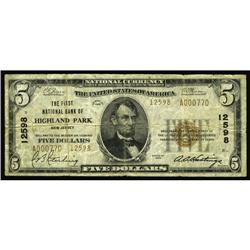 Highland Park, NJ - $5 1929 Ty. 2 The First NB Ch. # 1 Highland Park, NJ