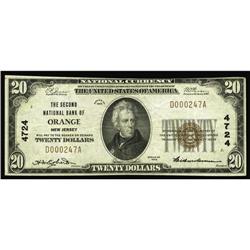 Orange, NJ - $20 1929 Ty. 1 The Second NB Ch. # 4724Th Orange, NJ