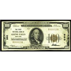 Glen Falls, NY - $100 1929 Ty. 1 The First NB Ch. # 980 Glens Falls, NY
