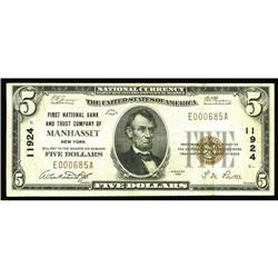 Manhasset, NY - $5 1929 Ty. 1 First NB & TC Ch. # 11924 Manhasset, NY