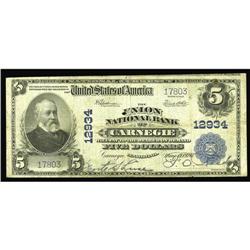 Carnegie, PA - $5 1902 Plain Back Fr. 609 The Union NB Carnegie, PA