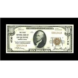Duquesne, PA - $10 1929 Ty. 1 The First NB Ch. # 4730T Duquesne, PA