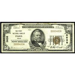 Paris, TX - $50 1929 Ty. 1 The First NB Ch. # 3638A tou Paris, TX