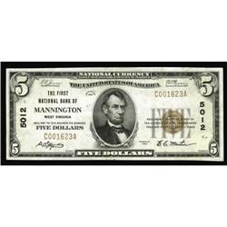 Mannington, WV - $5 1929 Ty. 1 The First NB Ch. # 5012 Mannington, WV
