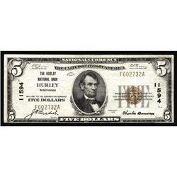 Hurley, WI - $5 1929 Ty. 1 The Hurley NB Ch. # 11594Whi Hurley, WI