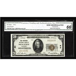 Milwaukee, WI - $20 1929 Ty. 1 The First NB Ch. # 64Th Milwaukee, WI