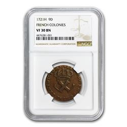 1721-H French Colonies One Sou 9 Deniers VF-30 NGC