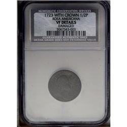 1723 1/2P Rosa Americana Halfpenny, Crown--Damaged--NC