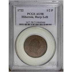 1722 1/2P Hibernia Halfpenny, Type One, Harp Left AU58