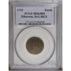 1723 FARTH Hibernia Farthing, D:G:REX MS63 Brown PCGS.