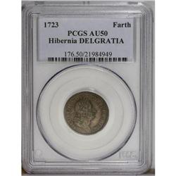 1723 FARTH Hibernia Farthing, DEI GRATIA AU50 PCGS. Br