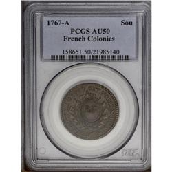 1767-A 9DEN French Colonies Copper Sou, RF Counterstam