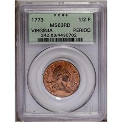 1773 1/2P Virginia Halfpenny, Period MS63 Red PCGS. Ne