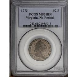 1773 1/2P Virginia Halfpenny, No Period MS61 Brown PCG