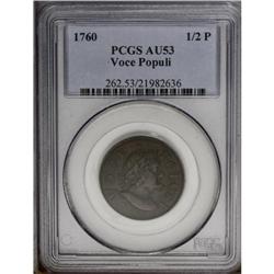 1760 1/2P Hibernia-Voce Populi Halfpenny AU53 PCGS. Z.