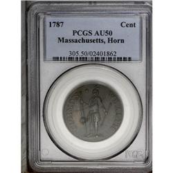 1787 1C Massachusetts Cent, Horned Eagle AU50 PCGS. Ry