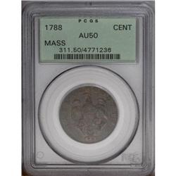 1788 1C Massachusetts Cent AU50 PCGS. Ryder 8-C, R.3.