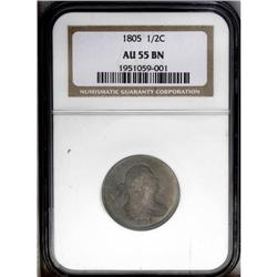 1805 1/2 C Small 5, No Stems AU55 NGC. C-1, B-1, R.1.