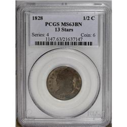 1828 1/2 C 13 Stars MS63 Brown PCGS. C-3, B-2, R.1. A
