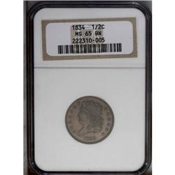 1834 1/2 C MS65 Brown NGC. C-1, B-1, R.1. A silky-smoo