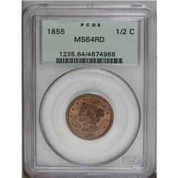 1855 1/2 C MS64 Red PCGS. C-1, B-1, R.1. An unblemishe