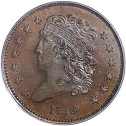 1836 1/2 C PR64 Red and Brown PCGS. Breen 1-A, Low R.6