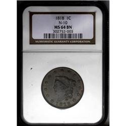 1818 1C MS64 Brown NGC. N-10, R.1. Faded brick-red out