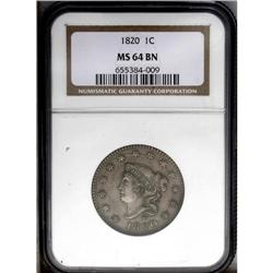 1820 1C Large Date MS64 Brown NGC. N-13, R.1. A lovely