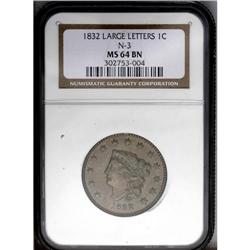 1832 1C Large Letters MS64 Brown NGC. N-3, R.1. The bo