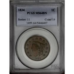 1834 1C Small 8, Large Stars, Medium Letters MS64 Brow