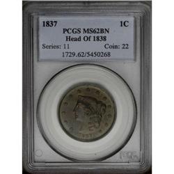 1837 1C Plain Cords, Small Letters MS62 Brown PCGS. N-