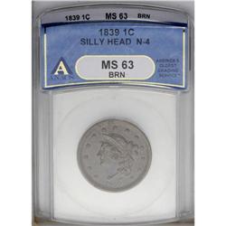 1839 1C Silly Head MS63 Brown ANACS. N-4, R.1. A lustr