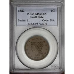 1842 1C Small Date MS63 Brown PCGS. N-2, R.1. Die Stat