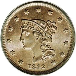 1842 1C Small Date MS65 Brown PCGS. N-2, R.1. Die Stat