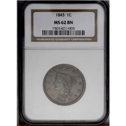 1843 1C Petite Head, Large Letters MS62 Brown NGC. N-4