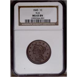 1845 1C MS65 Brown NGC. N-4, R.1. Die State c. An inte