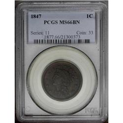 1847 1C MS66 Brown PCGS. N-14, R.4+. Die State b. Dark