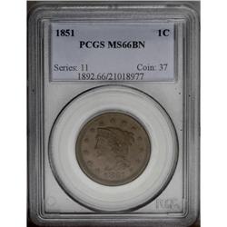 1851 1C MS66 Brown PCGS. N-20, R.3+. Die State c. A la