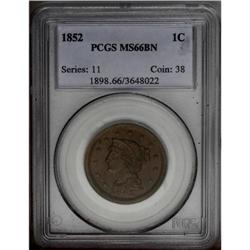 1852 1C MS66 Brown PCGS. N-16, R.1. Die State a. A sho