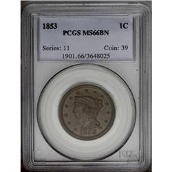 1853 1C MS66 Brown PCGS. N-18, R.1. Die State b. A sho