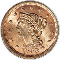 1853 1C MS64 Red PCGS. N-25, R.1. The recut base of th