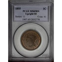 1855 1C Upright 5s MS65 Brown PCGS. N-4, R.1. Die Stat