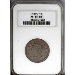 1855 1C Upright 5s MS65 Brown NGC. N-7, R.1. GDS c. Wa