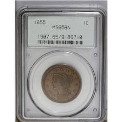1855 1C Upright 5s MS65 Brown PCGS. N-3, R.1. A smooth