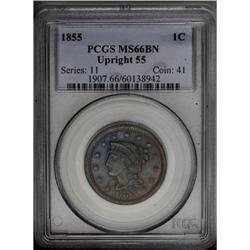 1855 1C Upright 5s MS66 Brown PCGS. N-4, R.1. Die Stat