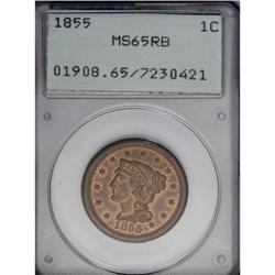 1855 1C Upright 5s MS65 Red and Brown PCGS. N-4, R.1.